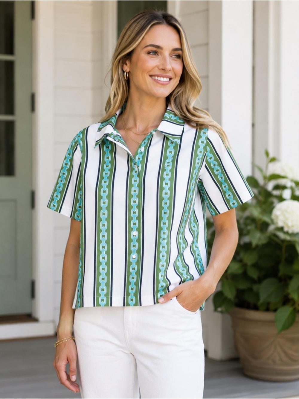 NWT Katie Kime Jane Top Chain Stripe Medium Green Blue Button Resort Blouse NEW